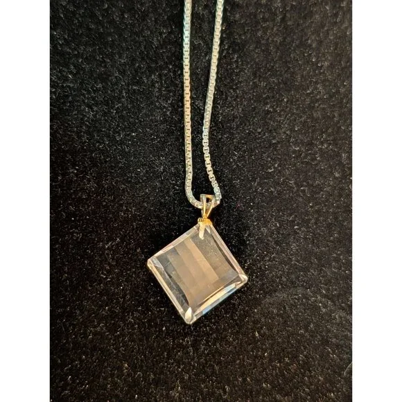 30-Inch Sterling Silver Necklace Square Crystal Pendant Italy 925 10g Elegant - Picture 10 of 15